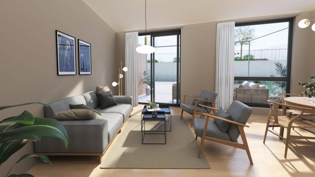 Et eksempel på en høyoppløselig gjengivelse laget av QiSpace av en stue som skal bidra til å selge leiligheter raskere.